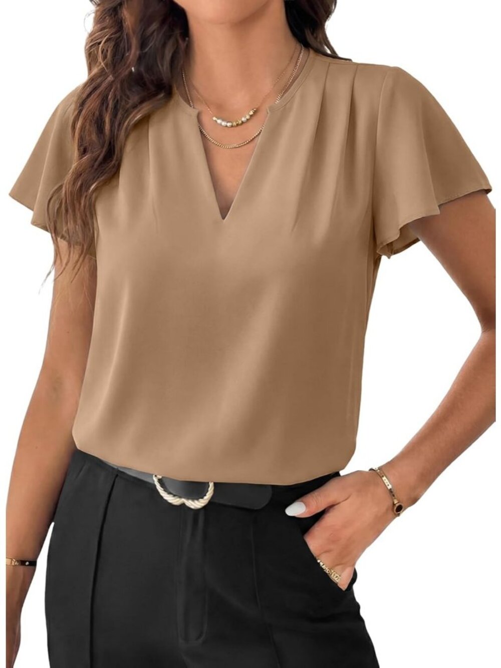 Women's T Shirts Smoke Gray Polyester V Neck Short Sleeve Classic Dressy Summer